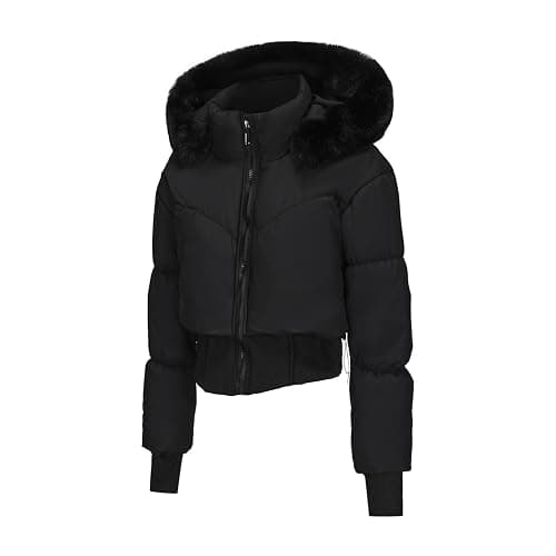 bawilom Womens Winter Cropped Puffer Jacket Long Sleeve Oversized Stand Collar Zip-Up Short Coats with Faux Fur Hood Outwear thumbnail 5