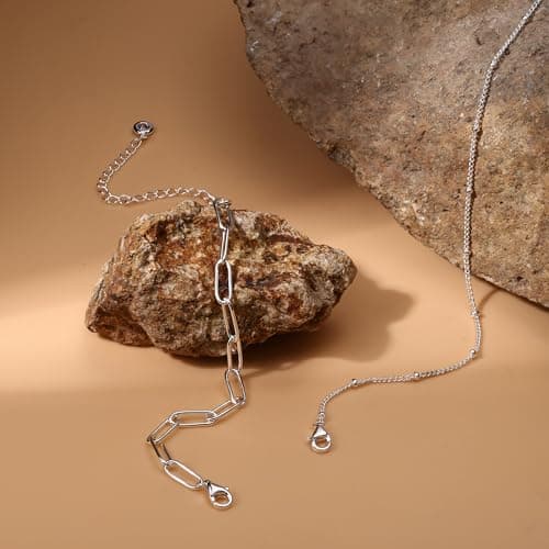 MILACOLATO 925 Sterling Silver Clasp Paperclip Chain Bracelets 14K White Gold Plated Solid Paperclip Chain Women Bracelet Adjustable Layered Satellite Beads Bracelets for Women thumbnail 5