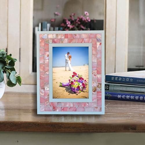 GIFTME 5 Wedding Picture Frame 5x7 Pink Mother of Pearl Mosaic Photo Frame Tabletop or Wall Hanging Picture Frame(5x7 inch, Pink,1pc) thumbnail 6