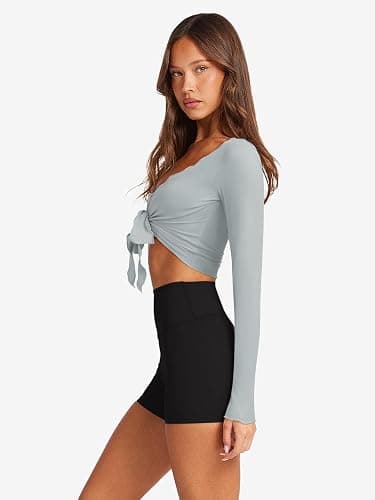 LASLULU Womens Tie Front Wrap Tops Long Sleeve Bolero Shrugs Crop Cardigan Yoga Ballet Cover up Tops Pilates Outfits thumbnail 2
