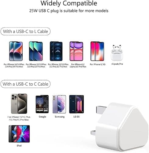 USB C Plug for iPhone 16 15 14 13 12 11 Pro Max Plus X XS XR 8, SE 2020, iPad Pro Air Mini, AirPods Pro, Samsung Galaxy, 25W Fast Charger USBC Type C Power Charging Head Adapter Charge Wall PD UK thumbnail 7