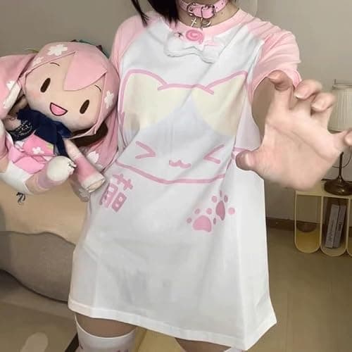 RILGOU Harajuku Kawaii Crewneck Cartoon Graphic Cute Kitty Print T-Shirt | Cutecore, Vintage Casual Style, Streetwear, Athleisure, Cotton Materials, Loose Fit, Raglan Short Sleeve, For Daily Wear thumbnail 6