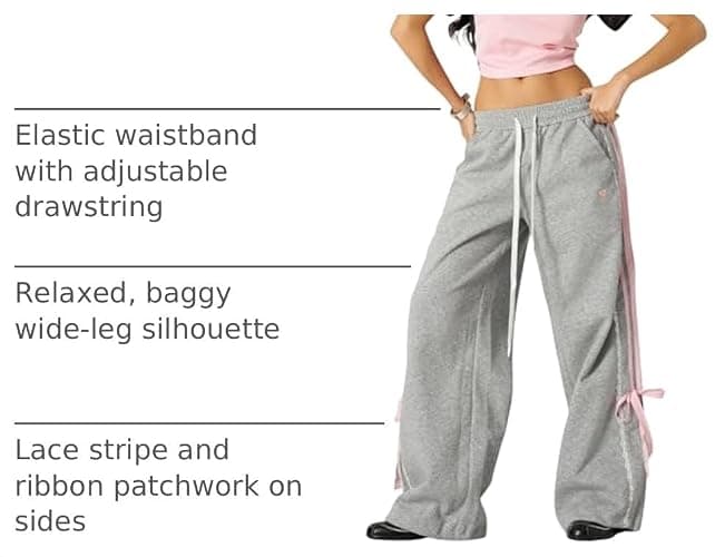 Aelfric Eden Lace Stripe Patchwork Sweatpants Casual Baggy Pant for Women Wide Leg Elastic Drawstring Trousers thumbnail 4