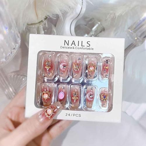 RikView Long Press on Nails Pink Fake Nails with 3D Design Coffin Nails Glossy Full Cover Nails for Women 24 PCs/Set thumbnail 4