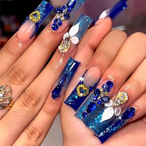 BABALAL Long Square Press on Nails - Blue Fake Nails, Luxury 3D Butterfly Gold Heart Charm Bling Design Full Cover Acrylic Nails Squoval Set 24Pcs - Image 1