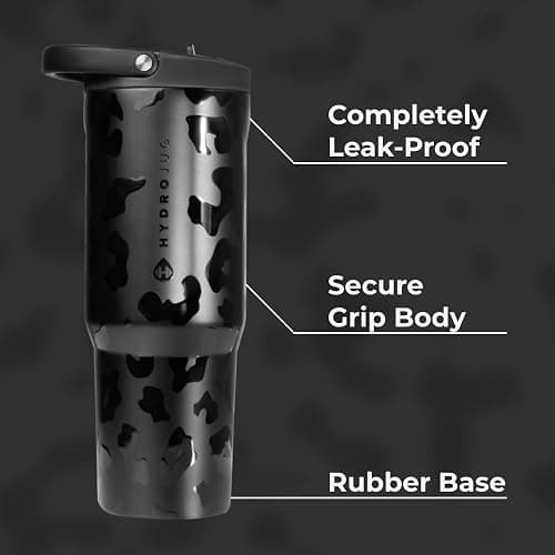 HydroJug Sport - Stainless Steel Tumbler with Straw, Vacuum Insulated, 32oz Leakproof Water Bottle, Ergonomic Design, Reusable, Dishwasher Safe, Rubber Base, Durable for Gym or Outdoors, Black Leopard thumbnail 3