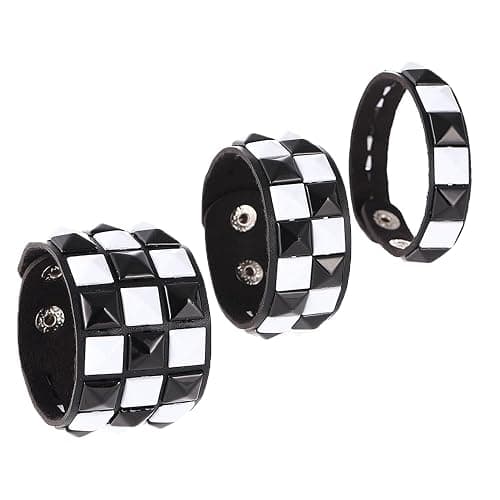 3 Piece Black White Checkered Leather Studded Punk Bracelet, Adjustable Genuine Wristband for Men Women, Gothic Halloween Accessories - Image 1
