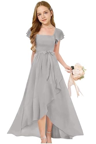 Augday Short Sleeves Junior Bridesmaid Dresses for Wedding Chiffon Flower Girl Dress for Wedding Party Pageant Gown - Image 1