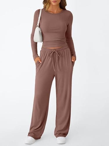 Trendy Queen Women's 2 Piece Matching Lounge Set Long Sleeve Slightly Crop Top Wide Leg Pants Casual Sweatsuit thumbnail 2