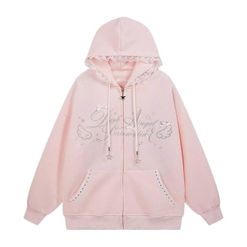Xojbzoo Y2K Kawaii Bow Lace Trim Zip Hoodie Oversized | Lace trim hood & pockets, adjustable drawstring bows, coquette aesthetic, black blue pink colors, soft cotton blend thumbnail 3