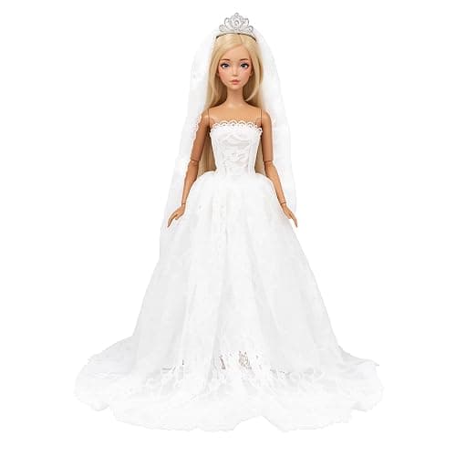 BARWA White Wedding Dress with Long Veil Evening Party Princess White Lace Gown Dress for 11.5 Inch Girl Doll - Image 1