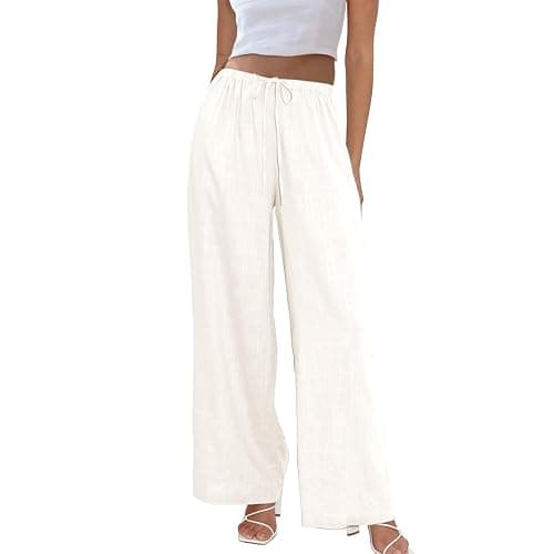 Duyang Womens Cotton Linen Palazzo Pants Drawstring Elastic Waist Casual Wide Leg Trousers with Pockets - Image 1