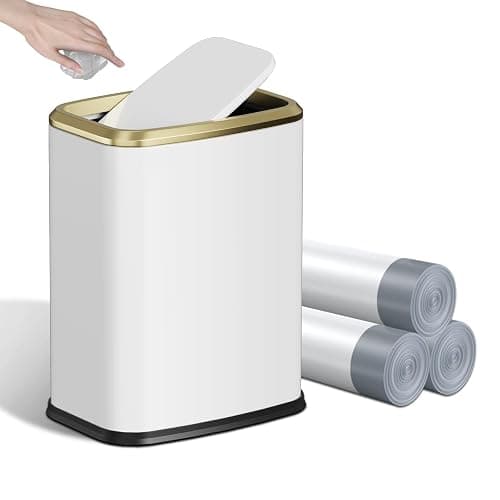 KHMMGK 8L/2.1 Gallon Small Bathroom Trash Can with Lid, Swing-Top Rectangular Waste Bin, Stainless Steel Garbage Can for Home, Office, Toilet, Bedroom, Living-Room (White) - Image 1