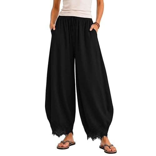Womens Cropped Lace Trim Pants High Waisted Elastic Drawstring Wide Leg Trousers Casual Flowy Boho Pant with Pockets thumbnail 7
