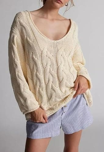 Melliflo Womens Oversized Cable Knit Sweater Fall V Neck Chunky Knit Sweater Casual Pullover Sweater Top thumbnail 3