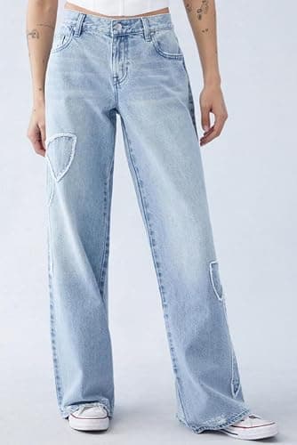 CORIRESHA Women's Straight Leg Frayed Edge Bow-Tie Embroidery High Rise Loose Denim Jeans - Medium - Blue thumbnail 4