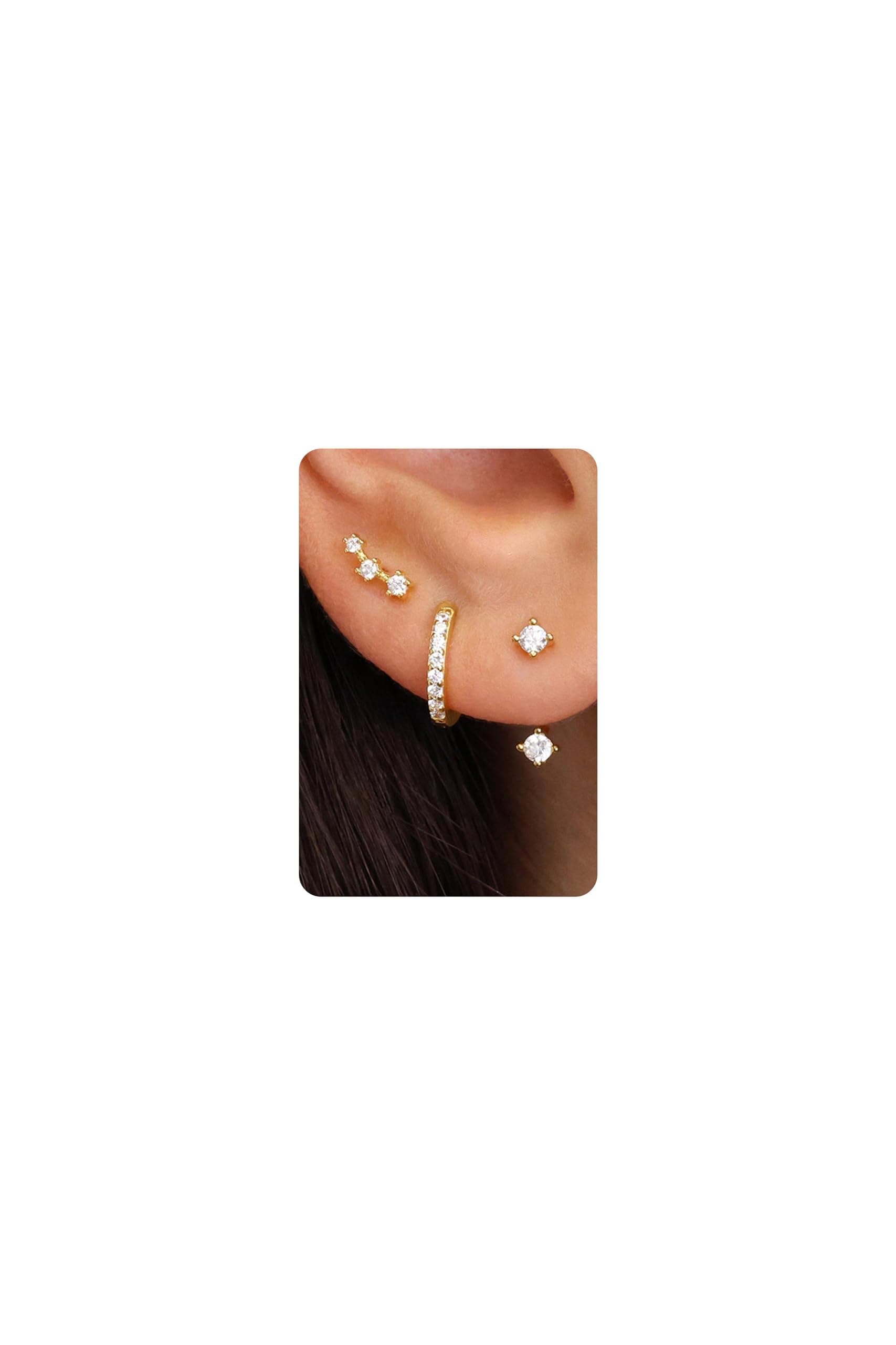 3 Pairs 14K Gold Plated Earrings Set for Women: Stud Earrings, Huggie Hoop Earrings Set for Multiple Piercings,Gold Earring Stack Hypoallergenic - Image 1