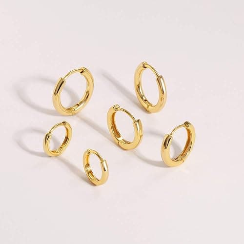 3 Pairs 14K Gold Plated Huggie Hoop Earrings for Women, Minimalist Gold Huggie Hoop Earrings, Simple 3 sizes Hoop Earrings for Women Men gift,gold silver rose gold and black - Gold thumbnail 5