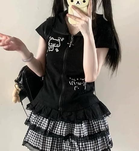 GOTHPICKUS Kawaii Y2K Cute Print Hoodies For Women Short Sleeves Cat Ears Hoodie Kawaii Zip Up Casual Slim Fit Outfits thumbnail 4