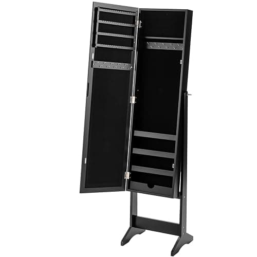 Giantex Jewelry Cabinet with Full-Length Mirror, Standing Jewelry Armoire Organizer with 64 Earring Slots, 72 Ring Slots, 20 Necklace Hooks, 4 Storage Shelves, 3 Angle Adjustable (Black) thumbnail 9