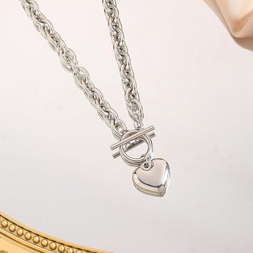 Navirix Chunky Heart Pendant Necklace,Minimalist Plated Gold Thick Love OT Clasp Choker,Vintage Puffy Heart Chain Toggle Collarbone Necklace for Women thumbnail 6