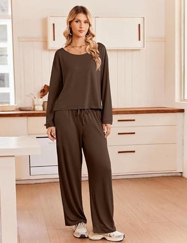 Ekouaer Womens Pajama Sets Off Shoulder Lounge Set 2 Piece Long Sleeve PJs | Soft Comfy Pj Sets, Round-Neck or Off-the-Shoulder Design, 2026 Stylish Casual Outfits for Home, Travel, Vacation & Airport thumbnail 3