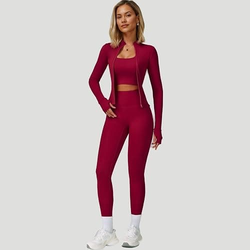 Women’s 3 Piece Workout Set – Sports Bra, Leggings & Jacket with Thumbholes – Yoga Outfit Activewear for Gym Running Training thumbnail 4
