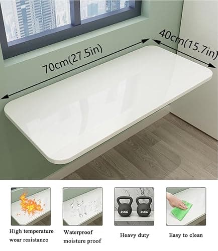 CYGJSYEA Wall Mounted Folding Table,White Floating Desk for Small Spaces,Stainless Steel Bracket Laundry Folding Table,Wall Folding Desk,Home Bars and Dining Establishments70x40cm /27.5" x 15.7" thumbnail 2