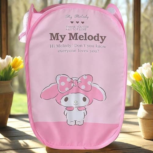 Cute Cartoon themed Laundry Basket, Mesh Pop Up Hamper with Carry Handles, Large Capacity Collapsible Storage for Room, Dorm | Travel & Camping (Melody) thumbnail 2