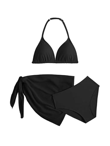 RoseSeek Girl's 3 Piece Swimsuits Floral High Waisted Bikini Bathing Suit with Mesh Coverups Skirt - Image 1