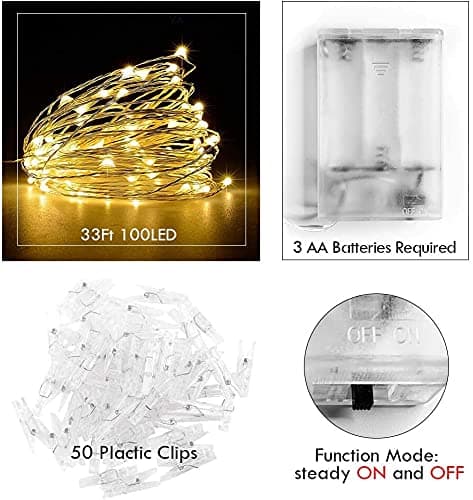 Photo Clip String Light - 33Ft 100LED Fairy Lights with Clips for Pictures With Timer, Photo Light with 50 Clear Clips for Bedroom Christmas Wedding Décor thumbnail 4