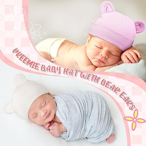 Toulite 6 Pcs Preemie Hats Cotton Preemie Beanies Baby Caps Cute Beanie Bear Ears Hospital Cap for Premature Baby Boys Girls(Light Colors,Solid Style) thumbnail 6