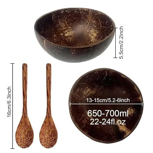 Natural Coconut Serving Bowls Set with Wooden Spoons, 13-15 cm, 4 Bowls and 4 Spoons, Perfect for Smoothies and Buddha Bowls. Hand-Crafted, Vegan-Friendly, Eco-Friendly thumbnail 3