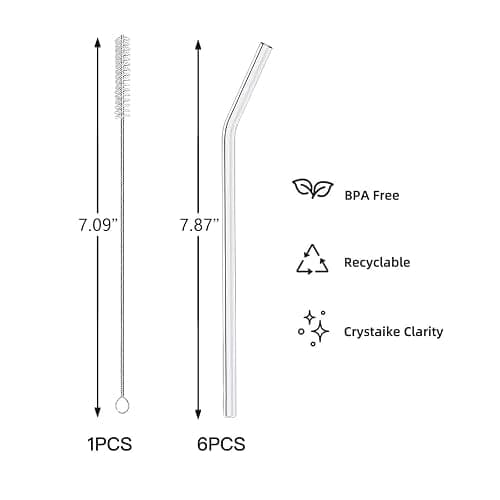 DAMCONME Glass Straws 6 Pack,Reusable Clear Drinking Straws Set-6 Bent Straw, with 1 Cleaning Brush, Reusable Straws for Glass Cups, Iced Coffee Cups with Lids,Smoothie Cup thumbnail 2