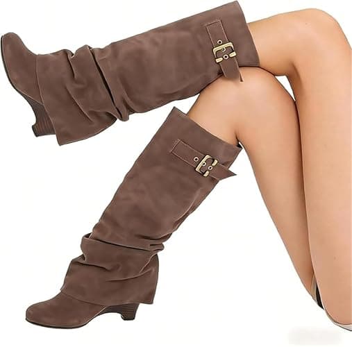blingqueen Slouchy Wedge Suede Boots Fold Over Knee High Pull On High Heels thumbnail 6