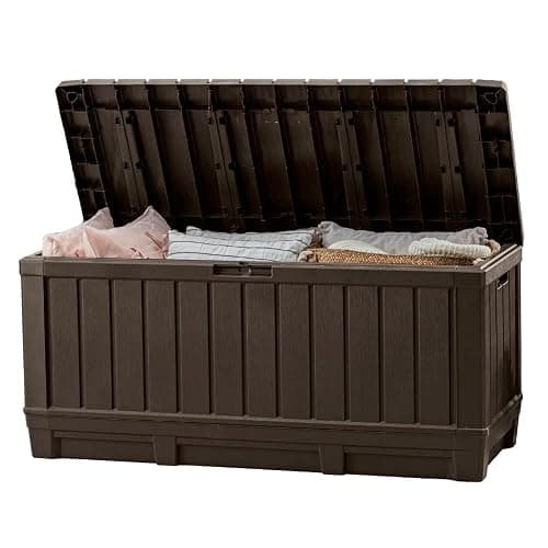 Keter Kentwood 92 Gallon Resin Deck Box-Organization and Storage for Patio Furniture Outdoor Cushions, Throw Pillows, Garden Tools and Pool Floats, Brown - Image 1