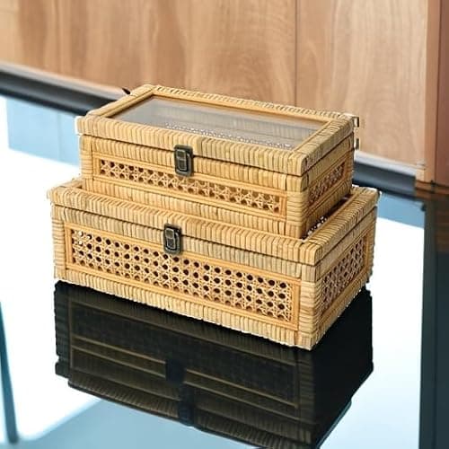 DECOR4SEASON Rattan and Cane Stacking Boxes with Glass Top Lid - Set of 2 for Boho, and Rustic Farmhouse Decor thumbnail 5
