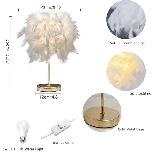 GUANSHAN Weiße Feder-Tischlampe, Nachttischlampe mit goldenem Sockel, Feder-Tischleuchte, Schreibtisch-Lampenschirm für Schlafzimmer, Heimdekoration, Fotografie-Requisiten thumbnail 6