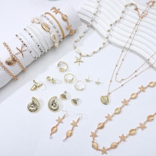 NEWITIN 29 Pieces Boho Beach Jewelry Set for Women Gold Jewelry Set Include Summer Ocean Seashell Starfish Necklaces Bracelets Rings Belt Chain Earrings for Women thumbnail 3