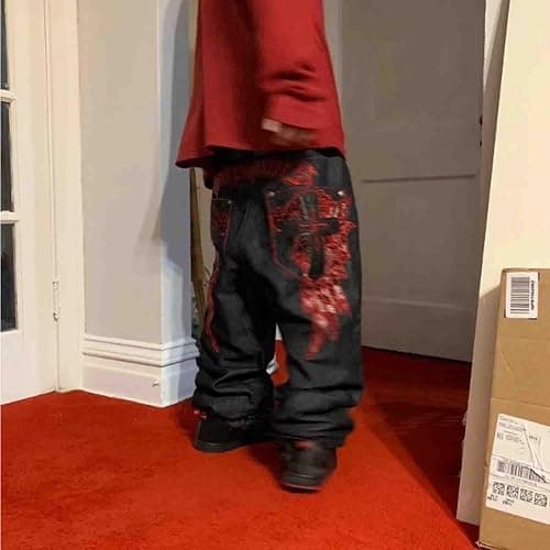 Ethbox Men's Hip-hop Retro Skull Embroidered Washed Denim Pants Y2K Jeans Gothic Straight Tube Loose Wide Leg Pants thumbnail 2