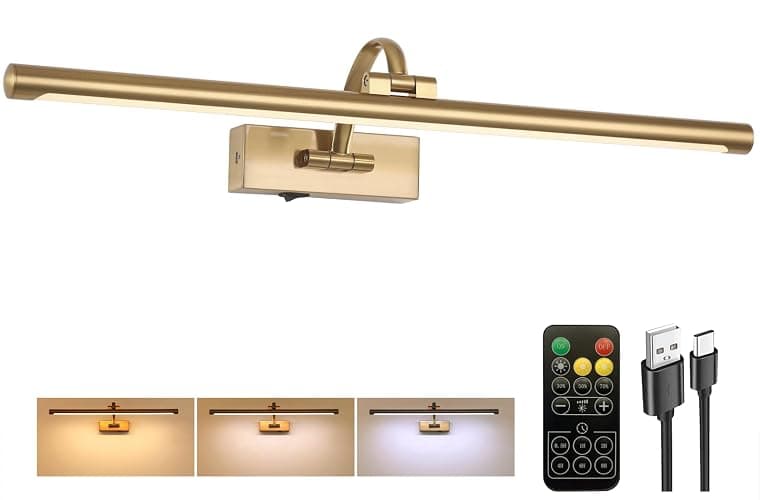 Tassuowell Picture Light Battery Operated with Remote, 3CCT Dimmable Picture Light for Paintings, Brass Rechargeable 24 inch Battery Operated Wall Sconce for Art Lighting Gallery Portrait Artwork - Image 1