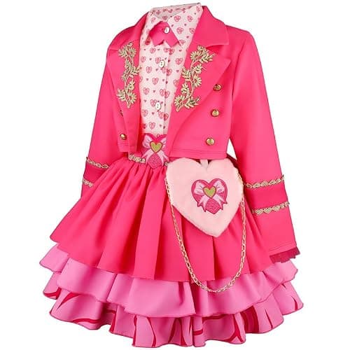 Mukola Kids Princess Pink of Wonderland Cosplay Costume Set 4-12Y | Girls Pink Long Sleeves Jacket, Cute Heart Print Dress, 5pcs Pink Royal Princess Outfits, Birthday Party, Halloween Cosplay thumbnail 6
