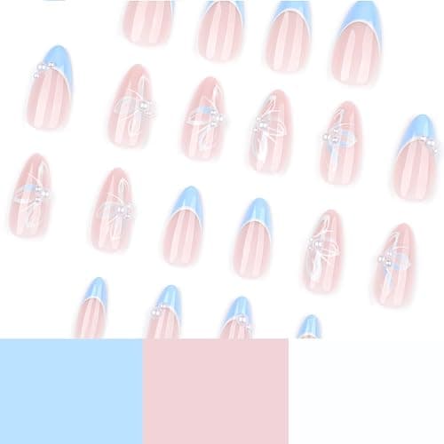 Blue French Tip Almond Press On Nails with Glue, Acrylic Butterfly Pearl Fake Nails for Women, Elegant Handmade 3D Stick On Nails, 24Pcs Reusable Medium Length False Nails for Wedding Party Daily thumbnail 4