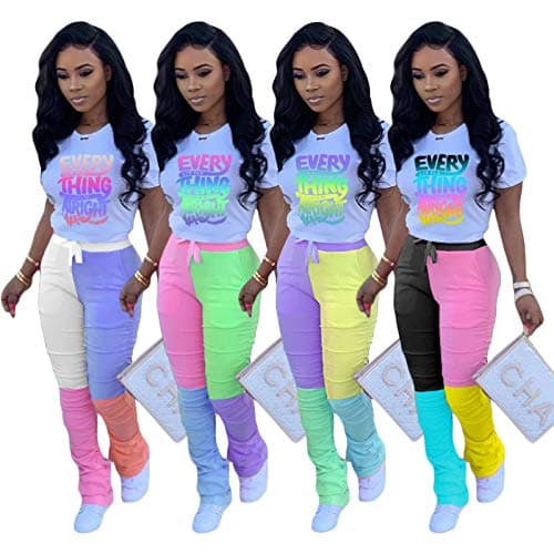 Casual 2 Piece Outfit Sets for Women Color Block Short Sleeve T-Shirts + Stacked Flare Pants Tracksuit Sweatsuit thumbnail 2