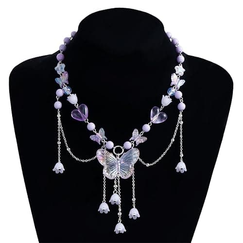 Layered Pearl Butterfly Choker Necklaces for Women,Vintage Crystal Beaded Pendant Necklace Y2K Bow Heart Tassel Chain Necklace Jewelry thumbnail 2