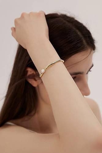PERNNLA PEARL Dainty Gold Bar Bracelet for Women Simple Delicate Thin Cuff Bangle Hook Bracelet 18K Gold Plated Handmade Minimalist Jewelry thumbnail 8