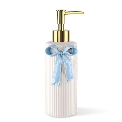 NEWHENGS Handmade Ceramic Bow Soap Pump Dispenser Hand Lotion Liquid Dispenser Refillable for Kitchen and Bathroom Decorative (Ribbon Blue) - Image 1