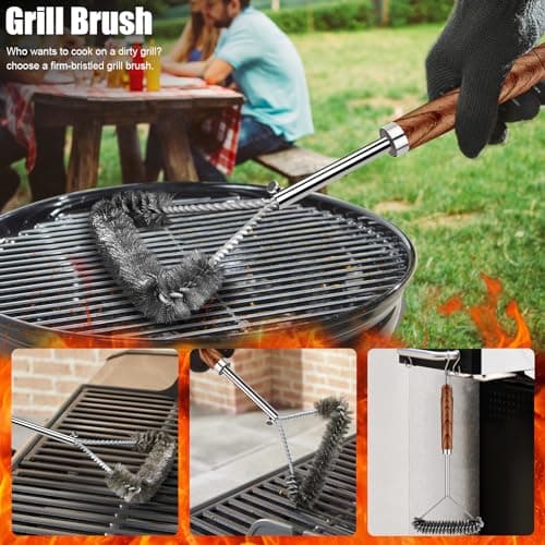 RINPIR 31pcs Stainless Steel BBQ Grill Accessories Set for Men Dad, Heavy Duty Grilling Tools for Outdoor Camping, BBQ Utensils Kit with Mats, Grill Brush in Carrying Bag Brown - Brown thumbnail 2