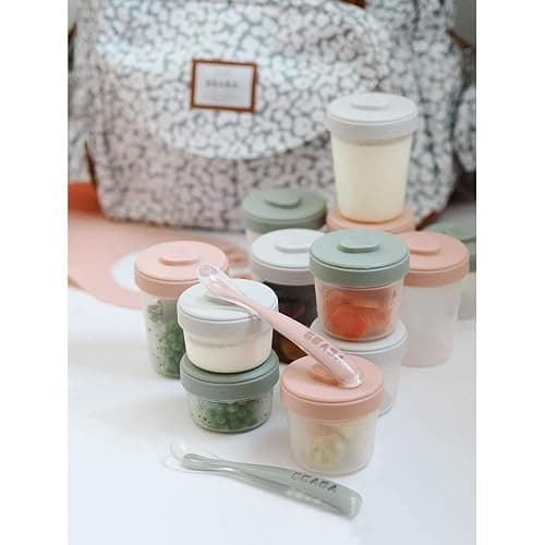 BÉABA, Lot de 12 Portions Conservation et 2 Cuillères Silicone, Clip, Pots empilables et emboîtables, 100% hermétique, Graduation, Congélation, Lait Maternel (2x90 ml & 4x150 ml & 6x250ml), Eucalyptus thumbnail 2