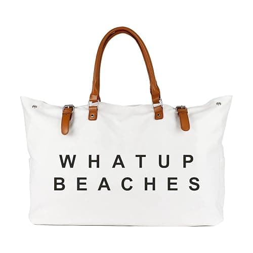 Beach Bag with Vegan Leather Handle, Extra Large Beach Bag for Women Waterproof Sandproof, White - Image 1